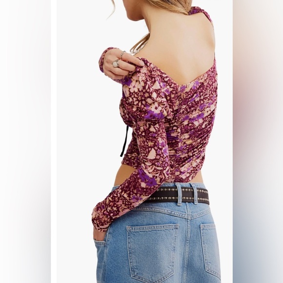 Free People Size S Long Sleeve Layer It On Me Ruched Crop in red combo NEW! - Picture 4 of 9